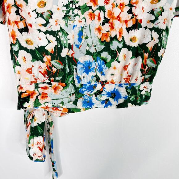Zara Floral Cropped Wrap Side Tie Top Blouse Small S Green Orange Short Sleeve - Picture 11 of 12